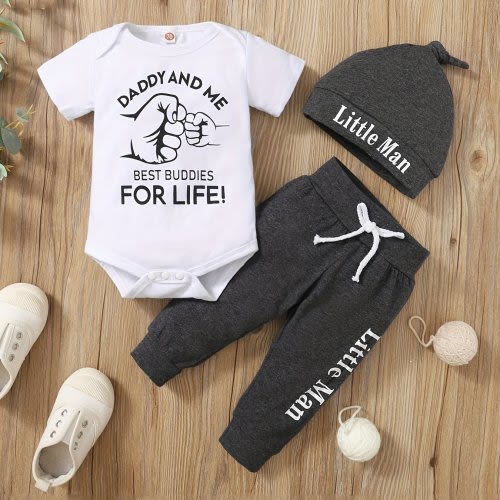 2pcs Baby Boy&#39;s &quot;Daddy And Son&quot; Print Outfit, Short Sleeve Bodysuit &amp; Hat &amp; Pants Set, Baby&#39;s Clothing, As Gift