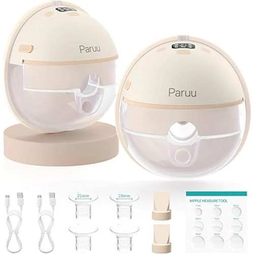 Paruu Hands Free Breast Pump P16, Wearable Breast Pump Electirc Portable with 4 Modes & 12 Levels, Max 309mmHg Strong Suction 19/21/24mm Flange Inserts Wearable Breastfeeding Pump, 2 Pack(Nude