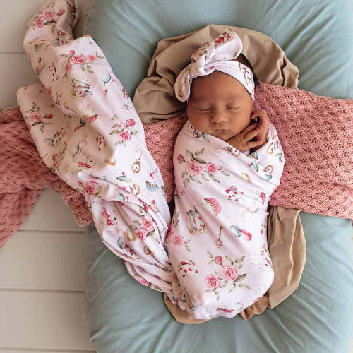 Alice’s Tea Party Organic Jersey Wrap & Topknot Set | Snuggle Hunny