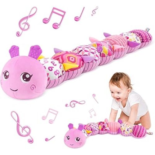 Infant Baby Musical Stuffed Animal Activity Soft Toys with Multi-Sensory Crinkle, Rattle and Textures, for Tummy Time Newborn 0-3-6-12 Months Girls, Caterpillar, Red & DeepPink