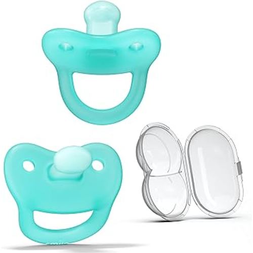 Smilo Newborn Baby Pacifier with Sterilization Box - 2 Pack of Orthodontic Pacifiers for Babies from 0-2 Months - Expands to Support The Palate During Soothing - BPA-Free - Aqua