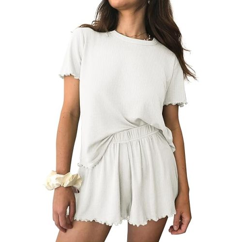 Ekouaer Womens Pajamas 2 Piece Ribbed Knit Pjs Short Sleeve Sleepwear Set Summer Soft Pajamas Set Casual Lounge Sets