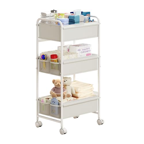 3-Tier Baby Diaper Caddy Cart Organizer with 2 Dividers & 8 Mesh Pockets - Mobile Nursery Storage Cart with Wheels, Durable Metal Utility Cart for Nursery, Bedroom, Bathroom Essentials Organization