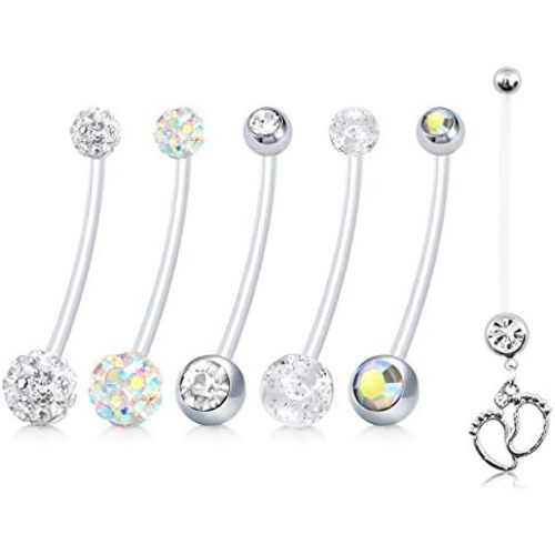 JFORYOU Pregnancy Belly Rings Maternity Navel Rings Flexible Bioplast Long Belly Button Rings Clear Navel Retainer Body Piercing for Daily Wear, Maternity Photoshoot and Beach Swimming