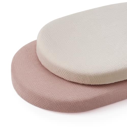 Blissful Diary Muslin Bassinet Sheets for Baby Girls Boys, Boho Soft Cotton Fitted for Oval Hourglass Rectangle Mattress, 2 Pack(Cream&Pink)