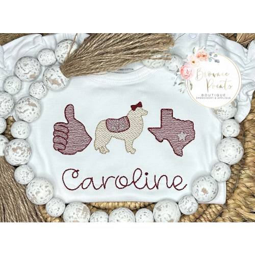Collie w/maroon bow football girls ruffle shirt, ruffle bubble