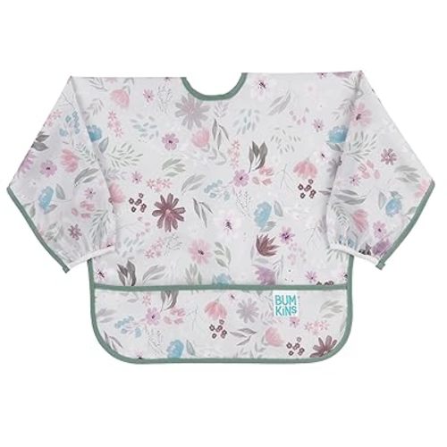 Bumkins Sleeved Bib for Girl or Boy, Baby and Toddler for 6-24 Mos, Essential Must Have for Eating, Feeding, Baby Led Weaning Supplies, Long Sleeve Mess Saving Food Catcher, Soft Fabric, Floral Gray