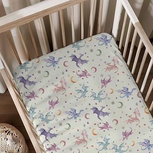 Watercolor Cute Dragons Moon Stars Pattern Baby Sheets for Crib, Unisex Dragon Nursery Fitted Bed Sheet for Boys Girls Standard Crib and Toddler Mattress-28x52