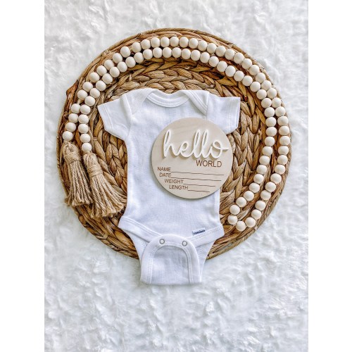 Newborn Hosptial Birth Stat Circle - Baby Birth Announcement - Wood Milestone Card - Hello World Sign - 3D Wood Photo Prop - Shower Gift