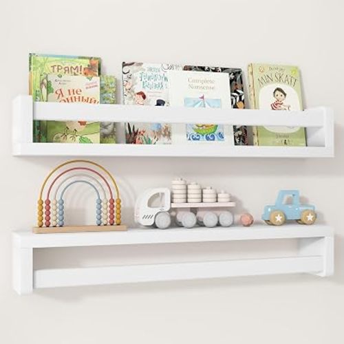 Nursery Book Shelves Set of 2, 24 Inch Solid Wood Wall Book Shelves, Kids Room Floating Shelves Organizer & Toy Storage,White Nursery Decor
