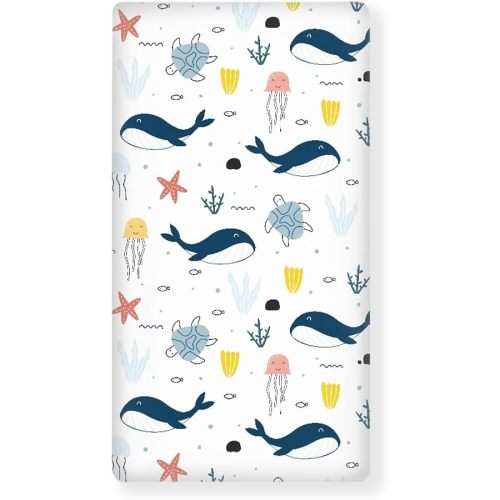 Blue Whale Ocean Fitted Crib Sheet Sea Life Turtle Jellyfish Standard Crib Mattress Fitted Sheet Fish Starfish Toddler Bed Mattress Sheets Crib Mattress Sheet 28"x52"