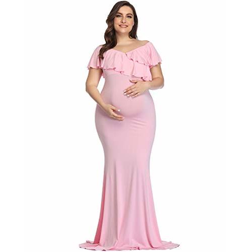 YnimioAOX Maternity Long Dress Ruffles Elegant Maxi Photography Dress Stretchy Slim Gowns for Photoshoot