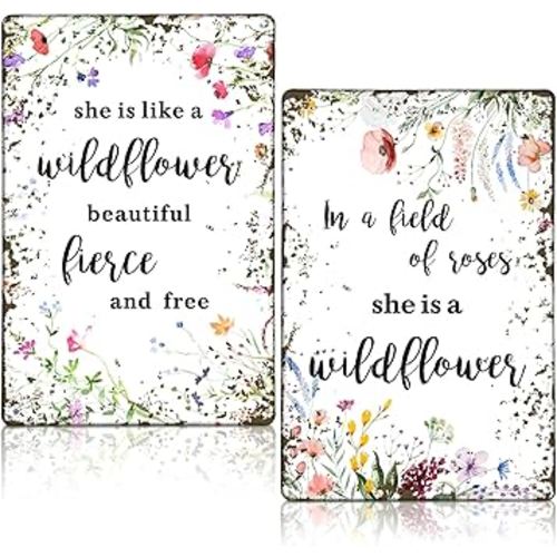 2 Pcs Vintage Wildflower Metal Tin Sign She is Like A Wildflower Beautiful Fierce and Free Wildflower Party Decorations Birthday Baby Shower Nursery Decor Wall Art Tin Signs 8x12 Inches