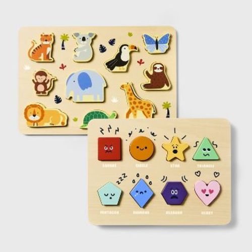 Wooden Shapes & Animals Puzzles - 2pc - Gigglescape™: Educational Toddler Puzzle Set, Fine Motor Skills, Ages 2+
