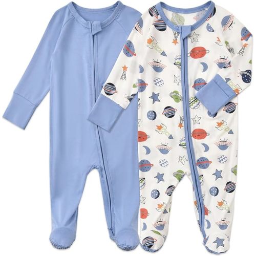 Aablexema Baby Footed Coverall Pajamas with Mittens Rayon from Bamboo 2pcs Newborn Infant 2-way Zipper Outfit