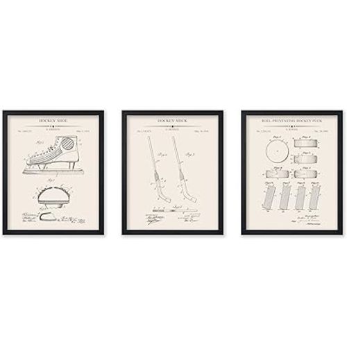 Poster Master 3-Piece Hockey Blueprint - Shoe Patent Print, Stick and Puck Art - Sports Technical Drawing - Office or Gym Wall Decor - 8x10 UNFRAMED