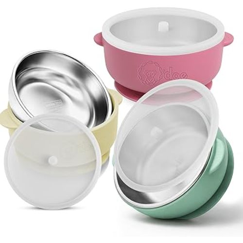 o'doe Suction Bowls for Baby - Non-Toxic Stainless Steel Baby Bowls 5" with Non-Slip Removable Silicone Shell - BPA-Free Toddler Bowls (Green + Rose + Beige)