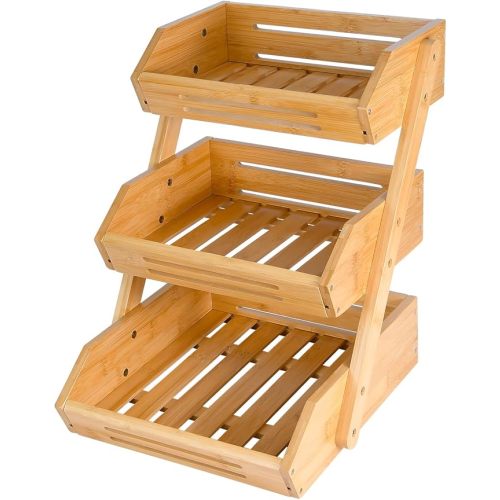 VIKEYHOME 3 Tier Bamboo Bowl for Kitchen, Stand Storage Holder, Heavy Duty/Large Capacity for Fruit, Vegetables Countertop Organizer