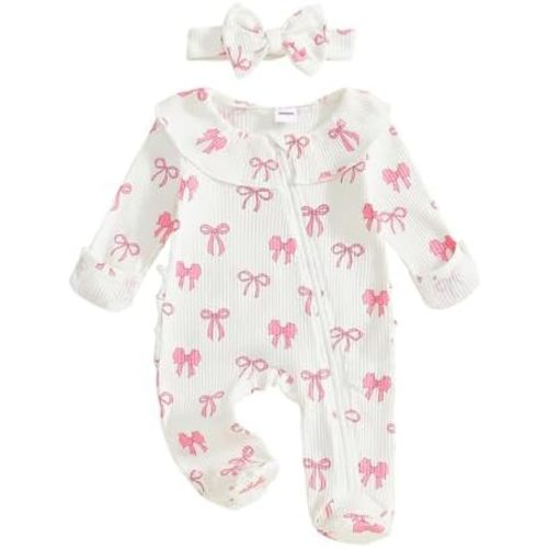 citgeett Baby Girl Newborn Clothes Fall Winter Hospital Coming Home Outfit Bow Long Sleeve Romper Zipper Onesie Jumpsuit