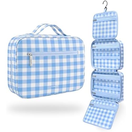 VANDEL Waterproof Hanging Toiletry Bag [TSA-Approved] Hanging Makeup Organizer Bag, Cosmetic Travel Bags for Women, Makeup Case Toiletries Organizer Hygiene Bathroom Shower Caddy - Blue Gingham
