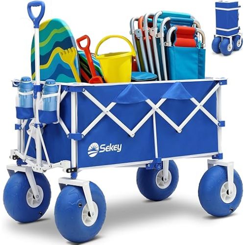 Heavy Duty Beach Wagon with 9" Big Sand-Proof Wheels – 440lb Capacity, Sekey 200L Oversized Foldable Cart | Adjustable Handle & All-Terrain Tires for Sand, Camping, Groceries. Blue&White