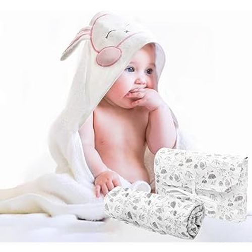 Baby Gift Set, Newborn Girl and Boy Gift Bag, Welcome Bundles Sets, White Bunny Hooded Towel with Delicate Grey and White Flowers Swaddle