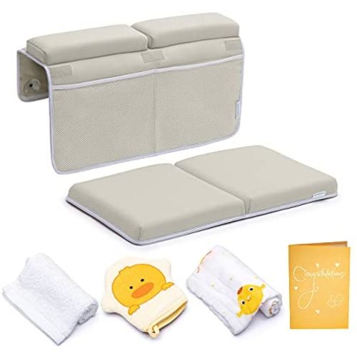 Bath Kneeler with Elbow Rest Pad Set, 1.75 inch Thick Kneeling Pad and Elbow Support for Knee Arm Support, Large Bathtub Kneeling Mat with Toy Organizer for Happy Baby Bathing Time, Beige