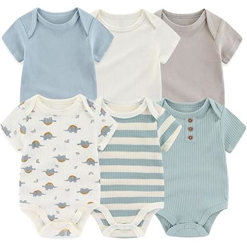 Baby Bodysuit 6 Pack Soft Mixed Ribbed Short Sleeve Romper Infant Boy Girl Clothes Set