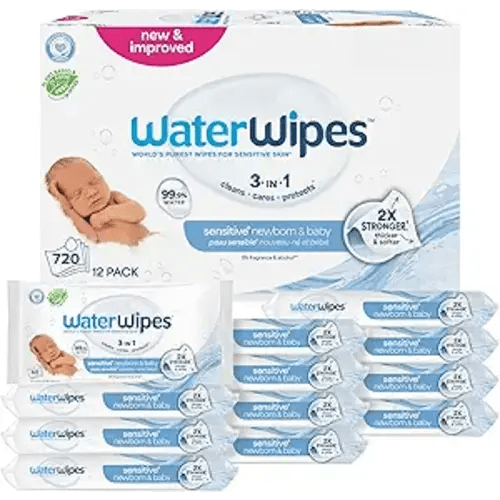 WaterWipes Sensitive+ Newborn & Baby Wipes, 3-In-1 Cleans, Cares, Protects, 99.9% Water, Unscented & Hypoallergenic, 720 Count (12 Packs)