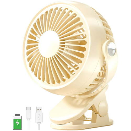 Aioneus Clip on Fan Battery Operated, 5 Speeds 360° Rotation Small Desk fan for Office/Car/Gym/Treadmill/Stroller, Beige
