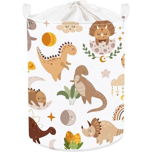 Clastyle 45L Large Boho Dinosaur Boy Book Toy Storage Basket Dino Palm Leaves Clothes Laundry Hamper for Kid Room Nursery, Brown