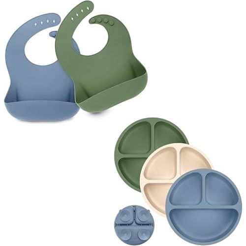 KeaBabies 2-Pack Silicone Bibs For Babies Suction Plates for Baby, Toddler - Silicone Baby Bibs for Eating, 3-Pack 100% Silicone Toddler Plates, Food-Grade Pure Silicone Bib