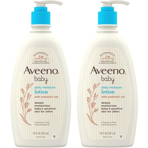 Aveeno Baby Daily Moisture Body Lotion for Sensitive Skin, Hypoallergenic Moisturizing Baby Lotion with Nourishing Oat to Deeply Moisturize Baby's Skin, Fragrance-Free, 18 fl. oz, 2 Pack