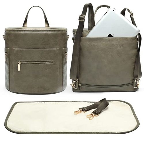 miss fong Diaper Bag Backpack Baby Diaper Bag, Large Leather Diaper Backpack with 16 Pockets Travel Diaper Bag with Diaper Changing Pad, Stroller Straps & 2 Insulated Pockets (Convertible, Forest)