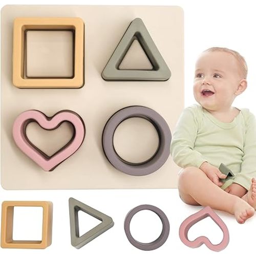 Baby Soft Nesting Sorting Stacking Toys Silicone Teething Blocks Shapes Recognition Learning Development Toys for Toddler 3+ Months(Beige) - Love Heart Shape