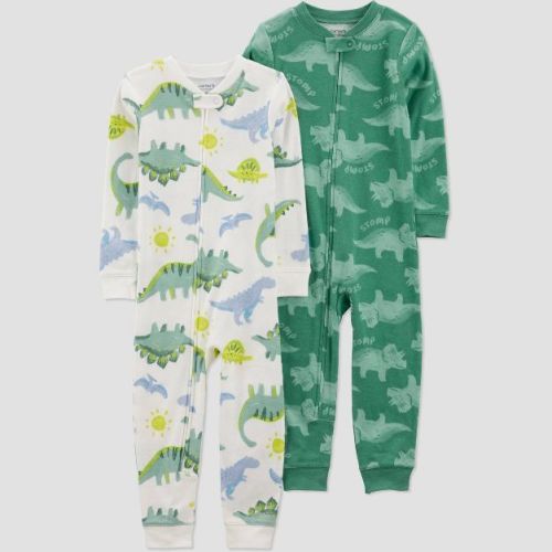 Carter's Just One You® Toddler Boys' 2pk Cotton Snug Fit Dinosaurs Footed Pajama - Green/White 18M: Lightweight, Crew Neck, Long Sleeve