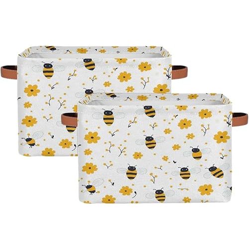 Foldable Storage Baskets with Handles, Fabric Storage Bins Aniaml Bees Yellow Flowers Collapsible Organizer Baskets for Closet Nursery Laundry Bathroom Home Organization, 2pcs