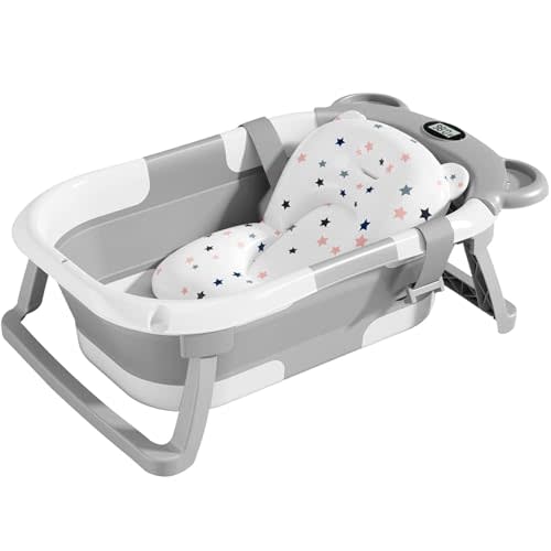 TPN Collapsible Baby Bathtub for Infants to Toddler with Real-time Temp Monitor+Floating Cushion,Foldable Baby Bath Tub Set Applicable 0-36 Month,Perfect Portable Travel Baby Tub for Newborns Boy
