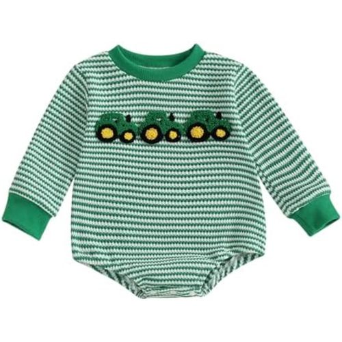 Newborn Baby Boy Girl Summer Outfit Striped Bubble Romper Waffle Farm Tractor Short Sleeve Bodysuit Country Clothes