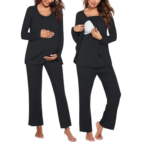 Ekouaer Maternity Nursing Pajama Set Long Sleeve Top & Pants with Pockets Breastfeeding Sleepwear Double Layer Pregnancy