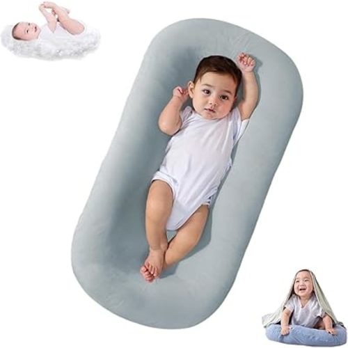 Baby Lounger, Bionic Design for Newborn 0-24 Months, Soft Organic Cotton Breathable Lounger for Infants (Grey Blue Baby Lounger)