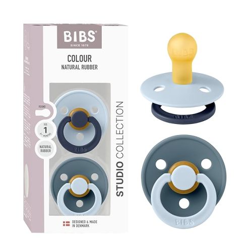 BIBS Colour Studio Pacifier 2-Pack, BPA Free, Round Nipple. Natural Rubber Latex, Made in Denmark, Size 1 (0-6 Months) - Baby Blue/Petrol