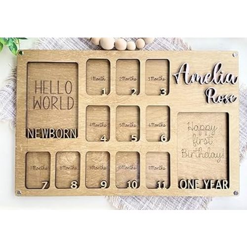 Personalized Baby First Year Photo Board - 12 Month Frame Display From Newborn to 1st Birthday - Custom Gift