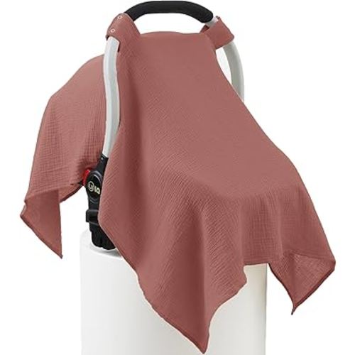 100% Muslin Cotton Car Seat Cover Baby, Carseat Canopy Cover, Universal Fit Stroller Covers for Boys and Girls (Blush)