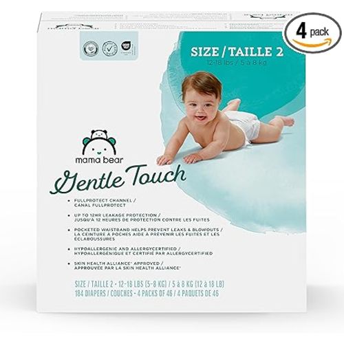 Amazon Brand - Mama Bear Gentle Touch Baby Diapers, Size 2, 184 Count (4 packs of 46), Leak Protection, Wetness Indicator, Formulated Without Fragrance