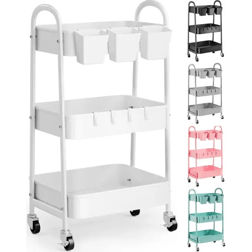3 Tier Heavy Duty White Metal Rolling Cart with Lockable Wheels, Three Tier Roller Book Snack Cart, Utility Storage Organizer Carts for Kitchen, Bathroom, Garage, Baby Diaper, Craft, Art, Teacher