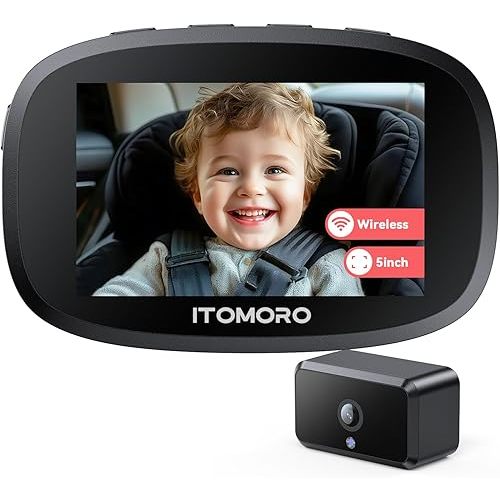 Itomoro Wireless Baby Car Camera, Rechargeable Car Baby Monitor with 5" HD 1080P Night Vision Display, Backseat Camera for Kids Max Range 1000FT, Easy Installation 360° Rotatable Rear Facing Mirrors