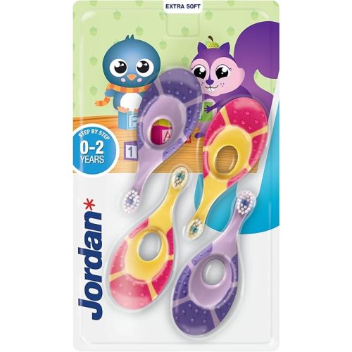 Jordan* ® | Step 1 Baby Toothbrush | 0-2 Years, Soft Bristles, BPA Free | Pink & Purple | 4 Pack