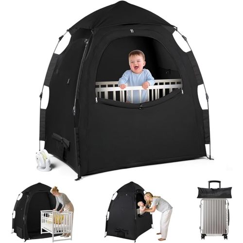 Blackout Tent for Pack and Play - One-Click Opening Pack N Play Blackout Cover - Black Out Tent for Sleep Pod & Mini Crib, Breathable Crib Blackout Cover Block 95% Light