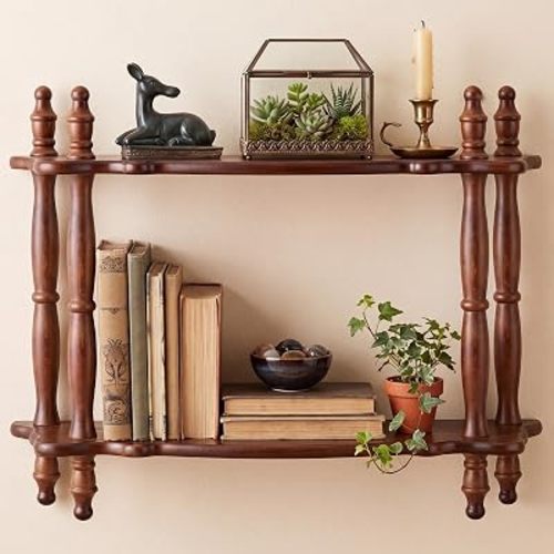Pinkunn Vintage Wooden 2-Tier Wall Mounted Shelf, Retro Brown Floating Storage Shelf with Carved Details for Bathroom, Bedroom, Living Room, Kitchen & Office Display
